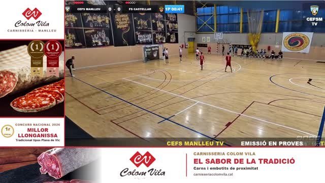 Retransmissió real del CEFS Manlleu amb publicitat en L de Carnisseria Colom Vila