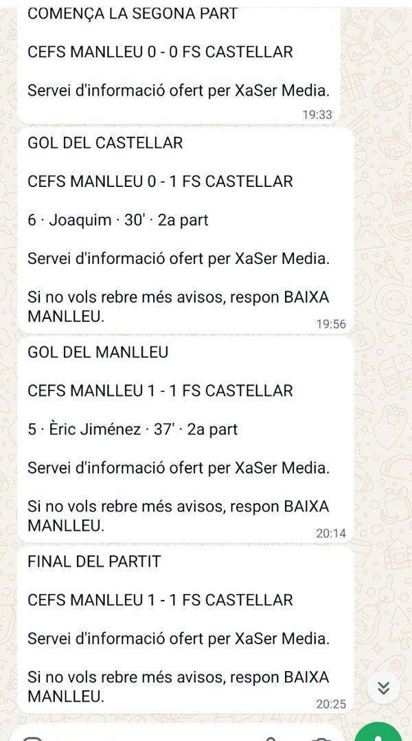 Captura real d'avisos de gols, inici de la segona part i final del partit, rebuts per WhatsApp